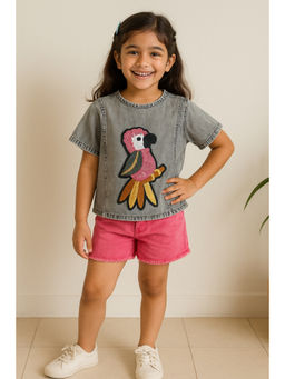 Tales & Stories - Girls Grey Bird Print Cotton Top