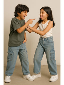 Tales & Stories - Unisex Green Cotton Poly Washed Denim Jeans