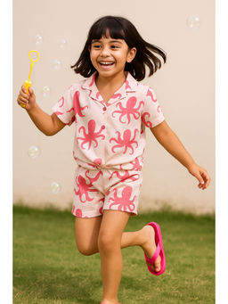 Tales & Stories - Girls Pink Viscose Casual Printed Co-ord Set
