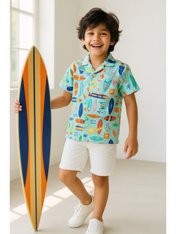 Tales & Stories - Boys Blue Printed Cotton Half Sleeve Casual Shirt