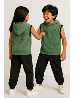 Tales & Stories - Unisex Green Solid Polyester Hooded Sleeveless Hoodie