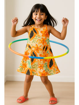 Tales & Stories - Girls Viscose Orange Floral Sleeveless Dress