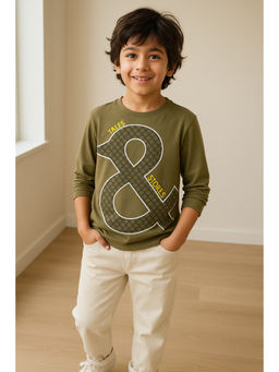 Tales & Stories - Boys Olive Full Sleeve Printed Cotton T-shirt