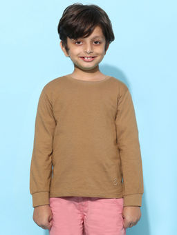 Tales & Stories - Boys Brown Solid Cotton Full Sleeve T-shirt