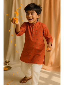 Tales & Stories - Boys Orange Floral Cotton Ethnic Kurta and Pant