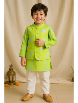 Tales & Stories - Boys Green Printed Viscose Ethnic Jacket with Kurta and Pant