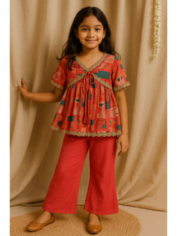 Tales & Stories - Girls Pink Viscose Polyester Ethnic Printed Kurti and Pant