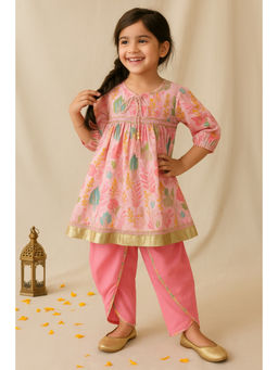 Tales & Stories - Girls Pink Viscose Polyester Kurta and Dhoti