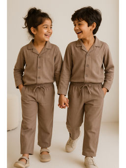 Tales & Stories - Kids Brown Cotton Linen Casual Co-Ord Set