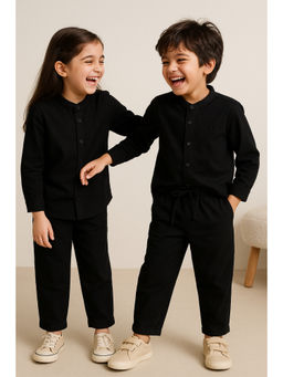 Tales & Stories - Unisex Black Cotton Linen Casual Co-Ord Set