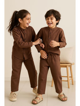 Tales & Stories - Unisex Brown Cotton Linen Casual Co-Ord Set