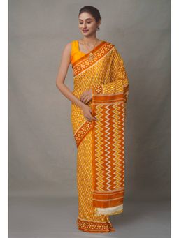 Unnati Silks - Orange Pure Block Printed Cotton Saree with Unstitched Blouse