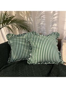 LUSHLYF - Palm Parade Ruffle Cushion Cover Green & Cream Stripe With Frilled Edges (Pack of 2)