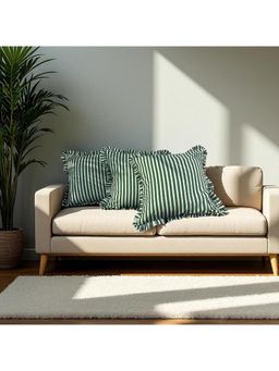 LUSHLYF - Palm Parade Ruffle Cushion Cover Green & Cream Stripe With Frilled Edges (Pack of 3)