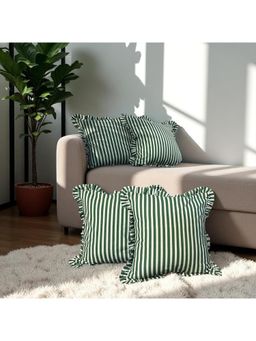 LUSHLYF - Palm Parade Ruffle Cushion Cover Green & Cream Stripe With Frilled Edges (Pack of 4)