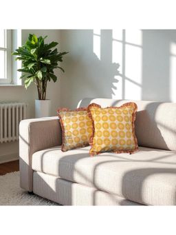 LUSHLYF - Sundrop Ruffle Cushion Cover Yellow Circular Print With Ruffle Edge (Pack of 2)