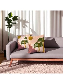 LUSHLYF - Sunset Steps Embroidered Cushion Cover Hand-Embroidered Palm & Sunset Design (Pack of 2)