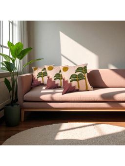 LUSHLYF - Sunset Steps Embroidered Cushion Cover Hand-Embroidered Palm & Sunset Design (Pack of 3)