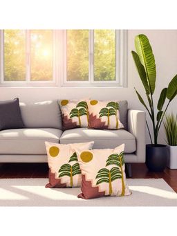 LUSHLYF - Sunset Steps Embroidered Cushion Cover Hand-Embroidered Palm & Sunset Design (Pack of 4)