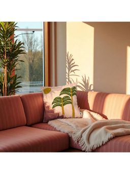 LUSHLYF - Sunset Steps Embroidered Cushion Cover Hand-Embroidered Palm & Sunset Design