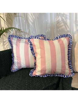 LUSHLYF - Summer Sorbet Ruffle Cushion Cover Pink & Cream Stripe Blue Frilled Edges (Pack of 2)