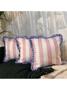 LUSHLYF - Summer Sorbet Ruffle Cushion Cover Pink & Cream Stripe Blue Frilled Edges (Pack of 3)