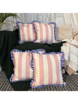 LUSHLYF - Summer Sorbet Ruffle Cushion Cover Pink & Cream Stripe Blue Frilled Edges (Pack of 4)
