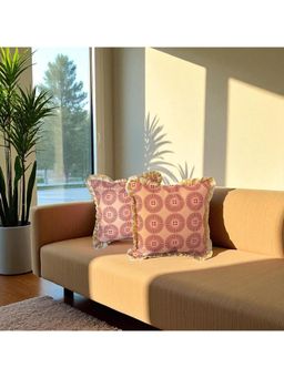 LUSHLYF - Terracotta Sunburst Ruffle Cushion Cover Sun Print Throw With Golden Ruffle Edge (Pack of 2)