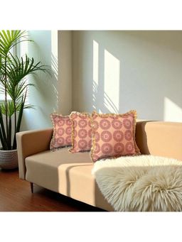 LUSHLYF - Terracotta Sunburst Ruffle Cushion Cover Sun Print Throw With Golden Ruffle Edge (Pack of 3)