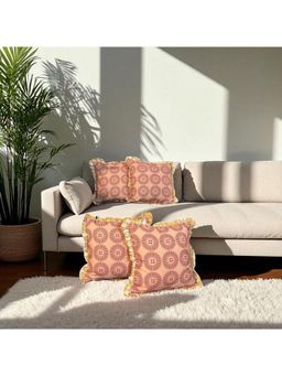 LUSHLYF - Terracotta Sunburst Ruffle Cushion Cover Sun Print Throw With Golden Ruffle Edge (Pack of 4)