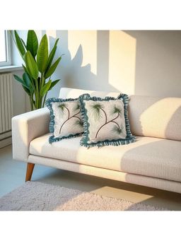 LUSHLYF - Tropical Sway Ruffle Cushion Cover Green & Teal Palm Leaf With Striped Frill (Pack of 2)