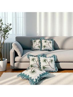 LUSHLYF - Tropical Sway Ruffle Cushion Cover Green & Teal Palm Leaf With Striped Frill (Pack of 5)
