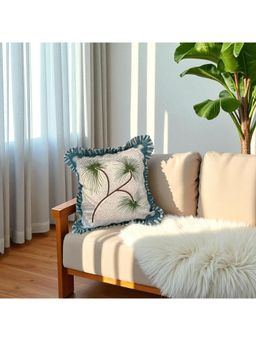 LUSHLYF - Tropical Sway Ruffle Cushion Cover Green & Teal Palm Leaf With Striped Frill