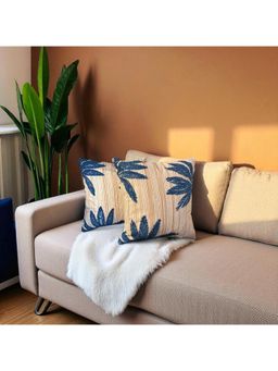 LUSHLYF - Tropical Whisper Embroidered Cushion Cover Blue Palm Leaf On Rust Stripe (Pack of 2)