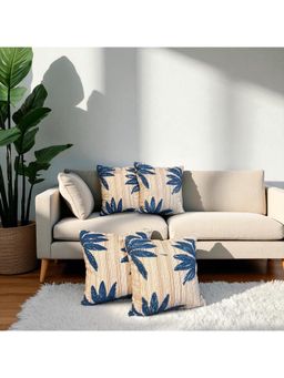 LUSHLYF - Tropical Whisper Embroidered Cushion Cover Blue Palm Leaf On Rust Stripe (Pack of 4)