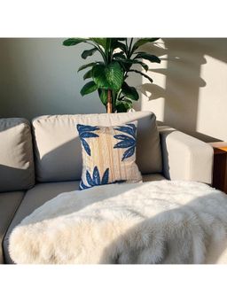 LUSHLYF - Tropical Whisper Embroidered Cushion Cover Blue Palm Leaf On Rust Stripe