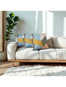 LUSHLYF - Urban Mosaic Embroidered Cushion Cover Cotton Slub Aari Work Patchwork (Pack of 3)