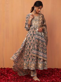 Indya - Beige Floral Jaal Print Cotton Anarkali Kurta with Pants and Dupatta (Set of 3)