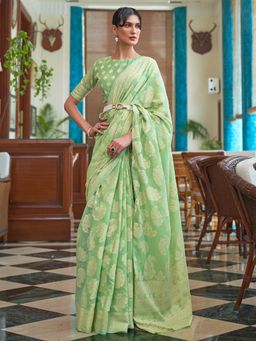 Akhilam - Womens Cotton Linen Green Woven Design Designer Saree with Unstitched Blouse