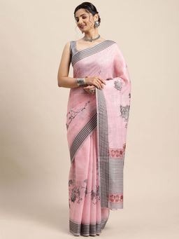 Odette - Womens Soft Silk Pink Printed Saree with Unstitched Blouse