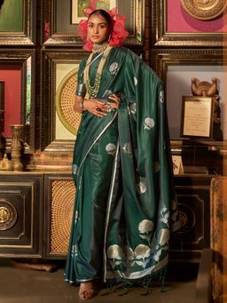 Akhilam - Womens Silk Blend Dark Green Woven Designer Saree with Unstitched Blouse