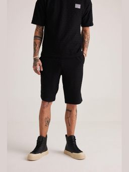 Muvazo - Black Cotton Blend Relaxed Solid Shorts