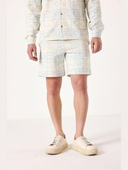 Muvazo - Beige Cotton Relaxed Printed Shorts