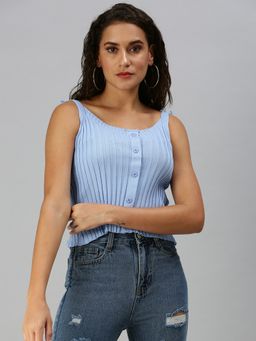 SHOWOFFFF - Women Shoulder Straps Solid Blue Regular Top