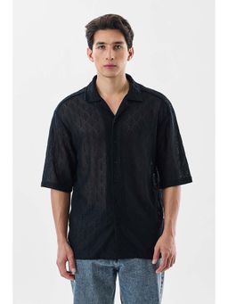 Snitch - Black Self Design Half Sleeves Oversized Shirt