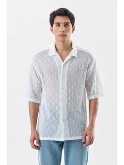 Snitch - White Self Design Half Sleeves Oversized Shirt