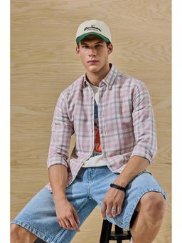 Snitch - Pastel Pink Plaid Full Sleeves Slim Casual Shirt