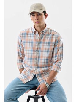 Snitch - Peach Plaid Full Sleeves Slim Casual Shirt