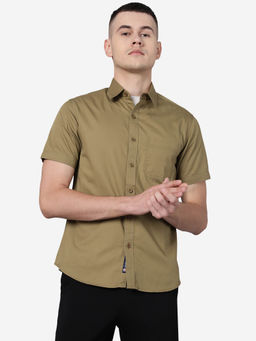 Greenfibre - Men Khaki Cotton Slim Fit Solid Semi Casual Shirt