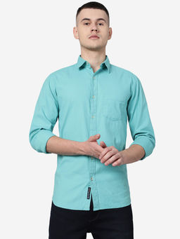 JadeBlue - Men Turquoise Blue Cotton Slim Fit Solid Semi Casual Shirt